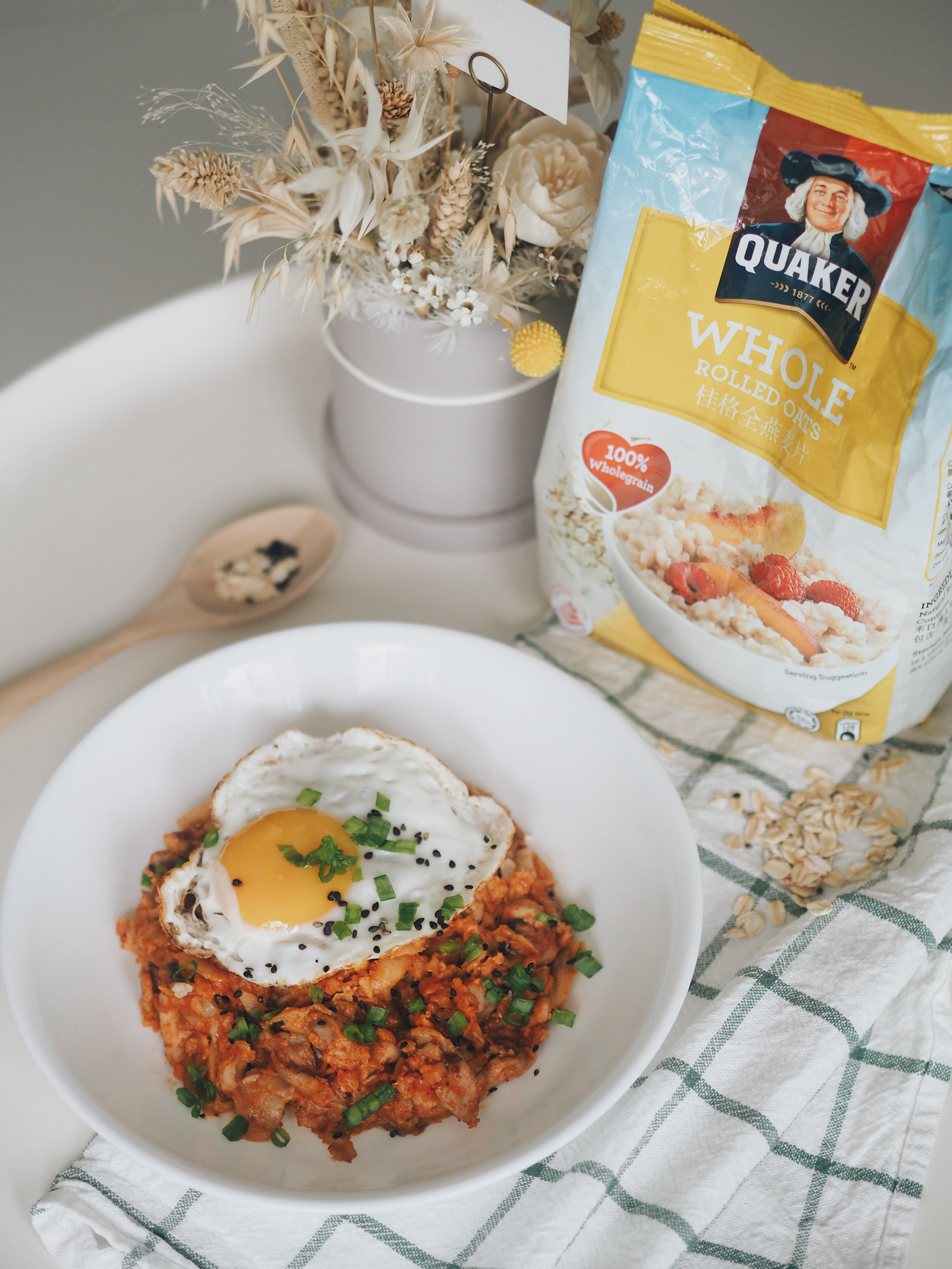 Kimchi Stir-Fried Oats with Chicken &amp; Sunny-Side-Up