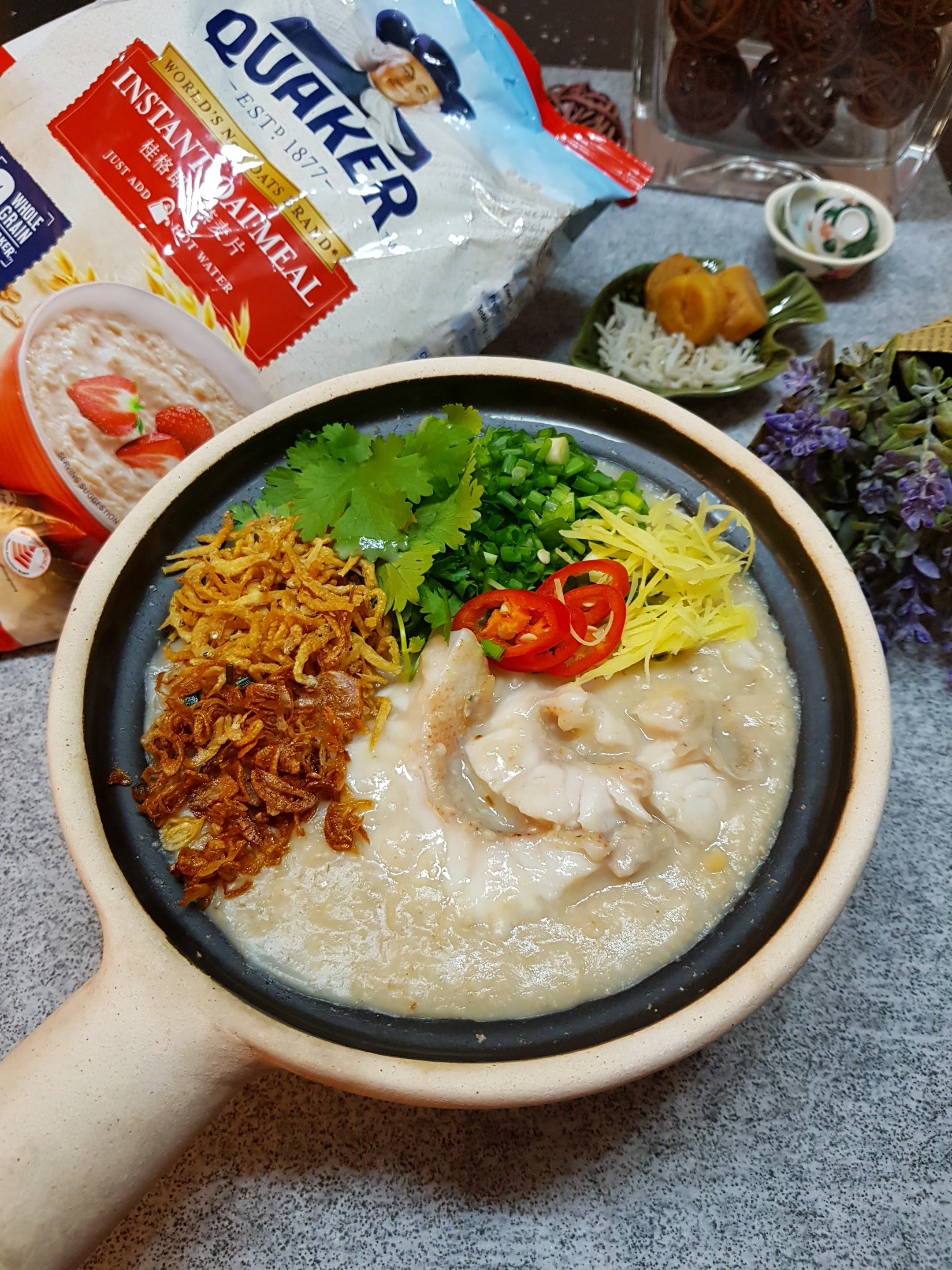 Savoury Oatmeal Red Garoupa Fish Congee with Mincemeat Balls