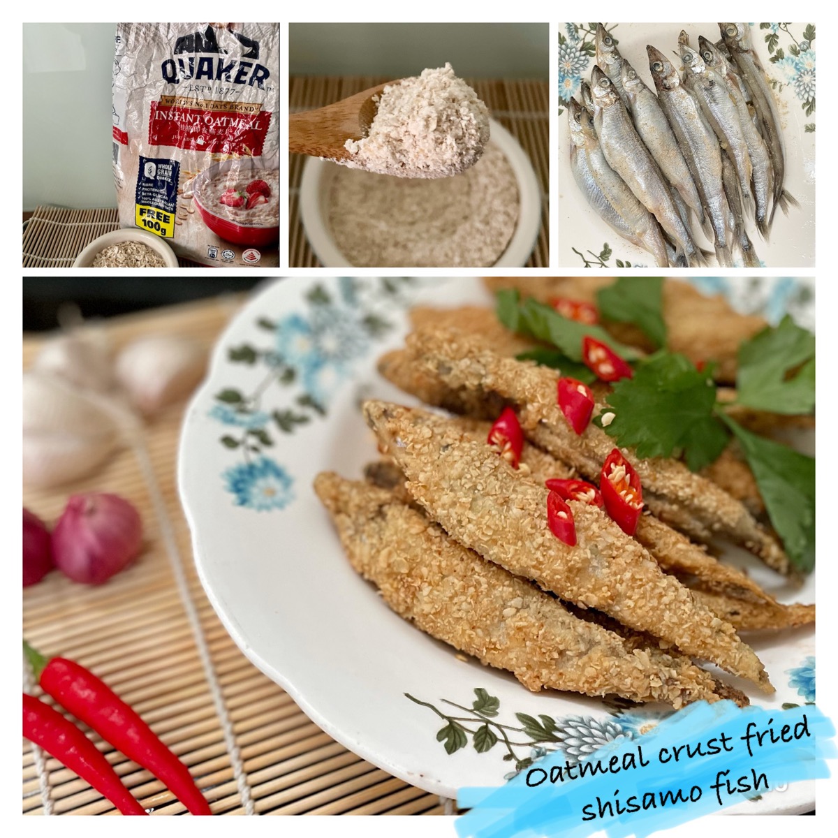 Oatmeal crust fried shisamo fish